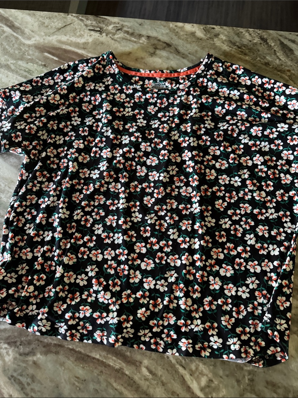 Cuddl Duds Black Floral Pajama Top with Coral Trim - Picture 4 of 5